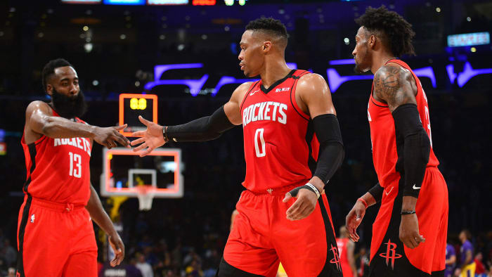 Houston Rockets guard James Harden, guard Russell Westbrook and forward Robert Covington